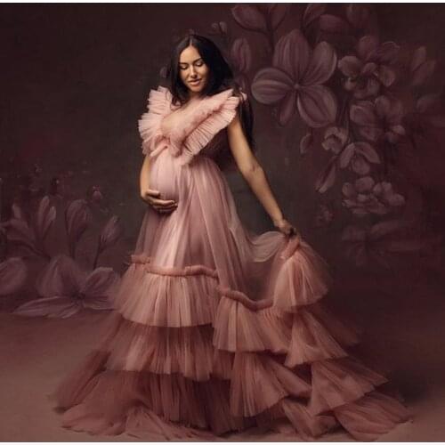 Maternity Shoot Pink Prom Dresses Robes Women Lush Long Ruffles Tiered Party Gowns Elegant Tulle abiye 2021 vestido de fiesta