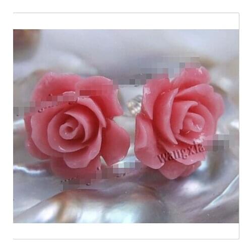 Free shipping >>>>>>15mm Pink Sea Coral Carved Flower Earrings Silver Stud