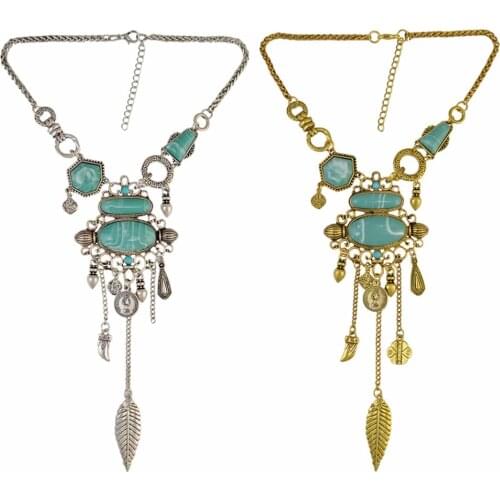 Bohemian Gold Fashion Long Necklace Inlay Irregular Geometry Blue Gem Coin Leaf Tassel Pendant Necklace Women Jewelry