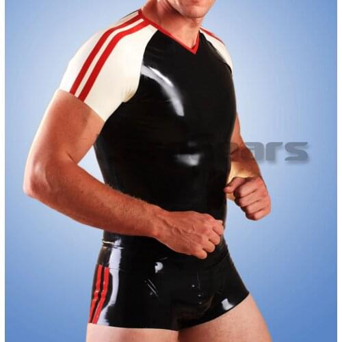Man Latex Lingerie Black with red strips rubber latex T-shirts with boxer shorts underwear clothing set