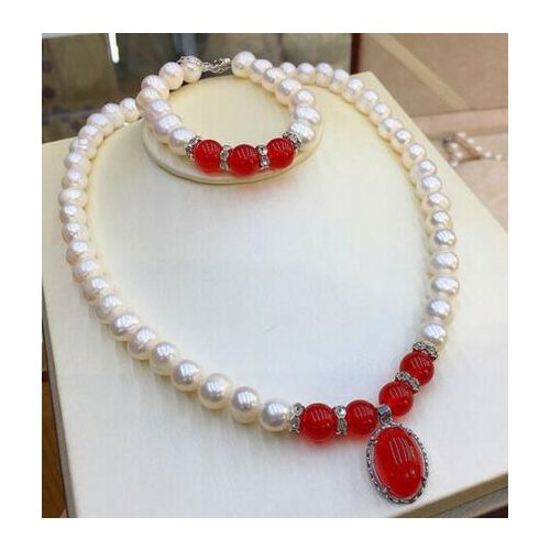 8-9MM white freshwater Pearl red jade necklace bracelet set