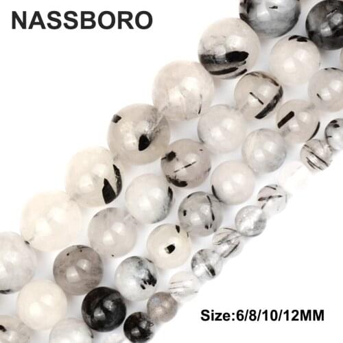 Round Black Rutilated Quartz Natural Stone Beads Loose Spacer Beads For Jewelry Making Diy Charm Bracelet 8 10 12 MM Wholesale