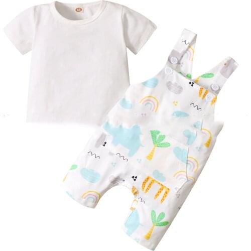 Summer Infant Baby Girl Boy 2pcs Set Cotton Solid T-shirt Short Sleeve Blouse Top+Cartoon Animal Suspenders Pants Kid Outfits