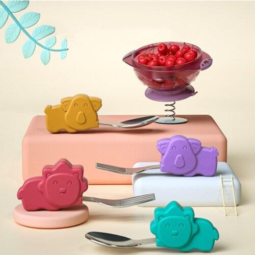 2Pcs Baby Utensil Spoon Fork Set with Travel Safe Stainless Steel Baby Children Feeding Training Spoon Easy Grip Heat-Resistant