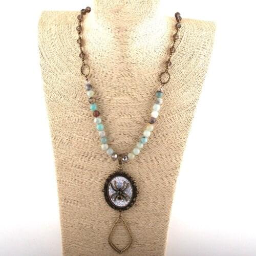 Fashion Jewelry Natural Stone & Glass Crystal Link Chain Metal Drop Pendant Necklaces For Women Long Necklace