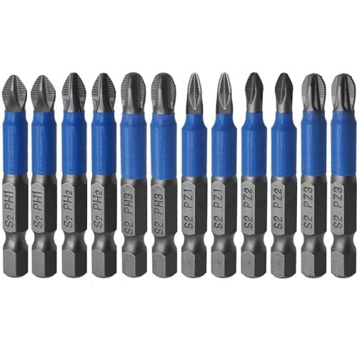 Anti Slip Cross Slot Screwdriver Bit Set 12PCS Hex Shank 50 mm Length S2 Steel with Magnetic for Power Screwdriver Drill Impact