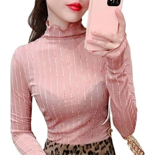 2021Spring Autumn New Female Coat Half High Neck Ruffled Bright Silk T-Shirt Long-Sleeved Bottoming Shirt Women Striped Tops 902