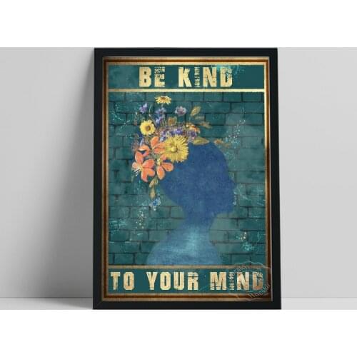 Be Kind To Your Mind Retro Poster, Garden Art Canvas Prints, Garden Flower Pot Head Wall Stickers, Inspirational Wall Picture