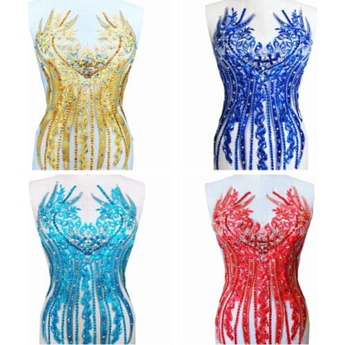 Multicolored sew on lace applique rhinestones sequins beads trim patches 54*31cm for wedding dress accessory