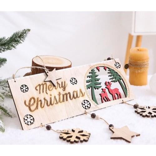 Merry Christmas Tree Decorations 2020 Snowflake Pendant Door Hanging Wooden Welcome Card Ornaments for Home Indoor