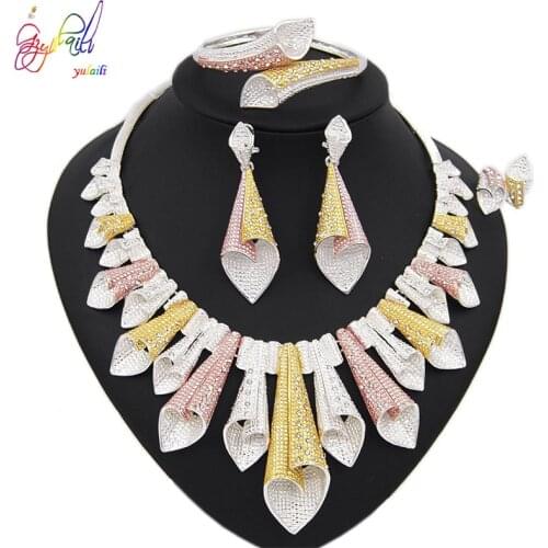 Yulaili Party Wedding Jewelery For Women Charm Zircon Necklace Stud Earrings Bracelet Ring Dubai Gold Jewelry Sets Wholesale
