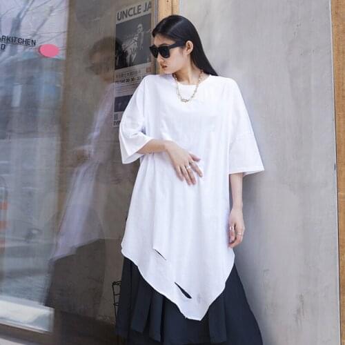 Ladies summer new personality irregular small hole design medium long hip hop street large size short sleeve T-shirt