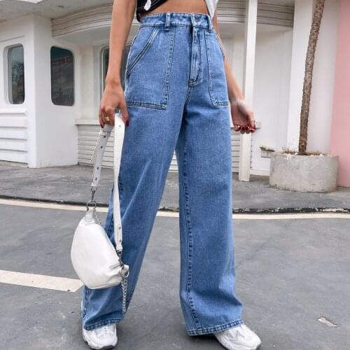 Womens Pocket High Waist Straight Tube Jeans Female Ripped Denim Pants Casual Stright Trousers Retro Streetwear Wide Leg Jeans