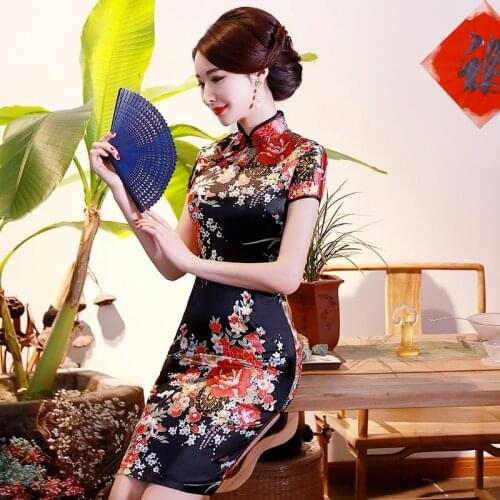 QipaoWomen Rayon Bodycon Short Dress Flower Print Plus Size Chinese Traditional Dress S-6XL Chinese Traditional Dress Cheongsam