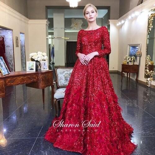 Arabic Red Sequin Feathers Muslim Evening Dress Long Sleeves Plus Size Dubai Women Formal Party Gowns Long Prom Dresses 2021