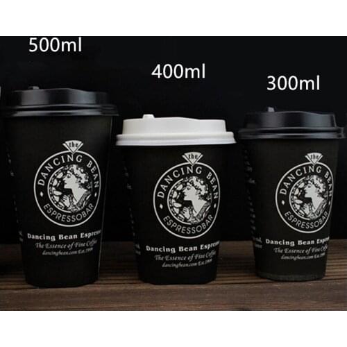 50pcs 300ml 400ml 500ml disposable paper cup black creative pearl milk tea coffee juice takeaway packaging cup with lid