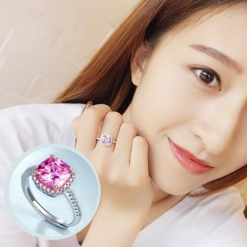 925 Sterling Silver Square Pink Zircon Adjustable Rings Minimalist For Women Geometric Fashion Beauty Female Luxurious Gift