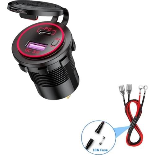 DIY 12V/24V PD Type C Car Charger ON/OFF Switch QC 3.0 Quick Charger Waterproof 36W Charger Power Delivery with Fuse 60cm Cable