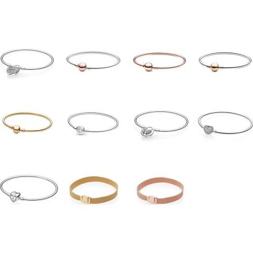 925 Sterling Silver Bracelets Bangles Diy Heart Five Point Star Gold Color Leaf Buckle Fit For Original Charm Beads Jewelry Gift