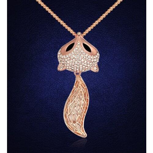 Cute Fox Long Necklace Sweater Chain Crystal From Austria For Women Best Friends Gift Gold Color Choker Jewelry