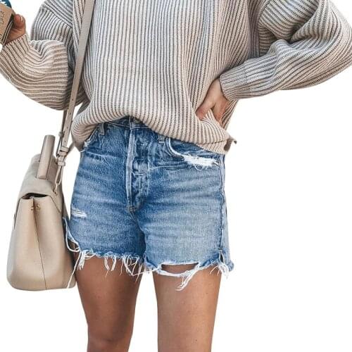 Summer Women Fringed Jeans Casual High Waist Fashion Streetwear Ripped Hole Straight Ladies Mini Denim Shorts Femme