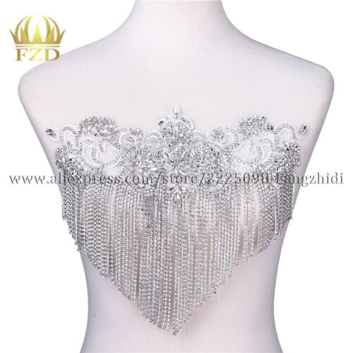 FZD Wholesale price 10 Pieces Handmade bodice patches crystal rhinestone Applique tassel patch for wedding new dress DIY Fabric