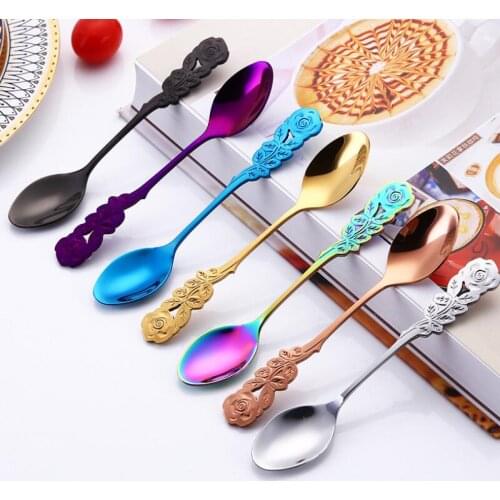 Kitchen Tableware Stainless Steel Rose Coffee Spoon Long Handle Stirring Teaspoon Dessert Spoon LX8756