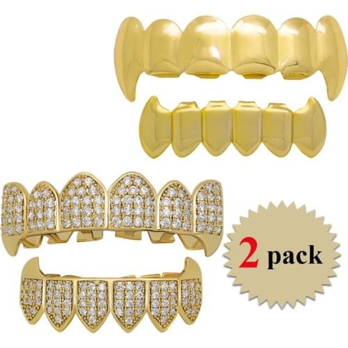 LuReen 2 Sets/pack Iced Out Gold Grillz Micro Pave CZ Teeth Grills Caps Top Bottom Set For Men Women Vampire Fangs Tooth Jewelry