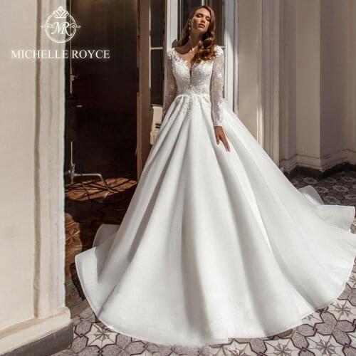 Michelle Royce A-Ling Wedding Dresses 2020 Sexy V-neckline Appliques Illusion Button Chapel Train Bridal Gowns Vestido De Noiva
