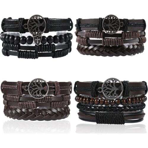 Tree of Life Multilayer Set Bracelet Hand Woven Leather Bracelet Peace Tree Cowhide Simple Fashion Mens Bracelet Wholesale