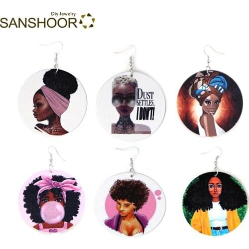 SANSHOOR New Fashion Mixed Printing Headwrap Black African Art Girls Natural Wooden Earrings 6Pairs
