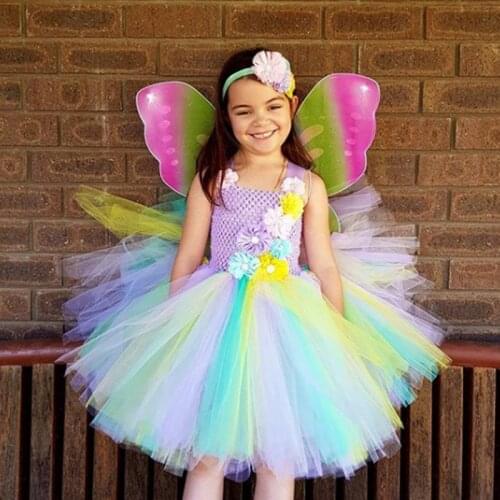 Girls Pastel Tulle Tutu Dress Baby Fluffy Crochet Flower Tutus with Butterfly Wing and Headband Kids Party Cosplay Costume Dress