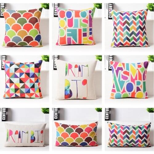 Drop Ship Linen Cotton Pillow Cover Rainbow Geometric Cushion Cover Chevron Home Decorative Pillow Case 45x45cm/30x50cm