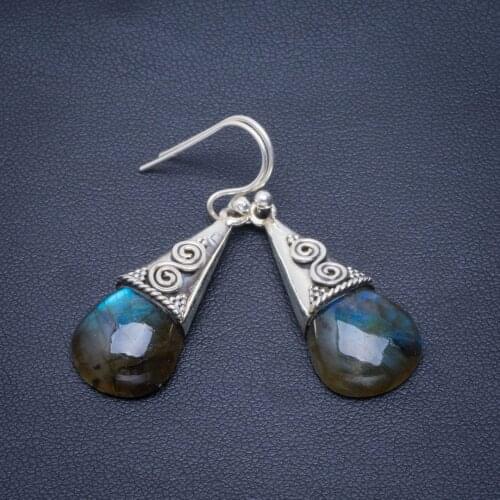 Natural Blue Fire Labradorite Handmade Unique 925 Sterling Silver Earrings 1.5" B2519