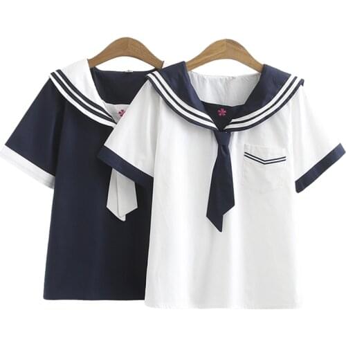 Japan School Girls Teens Short Sleeve Navy Striped Peter Pan Collar Tie Chiffon Uniform T-Shirt TShirt Harajuku Kawaii Sweet