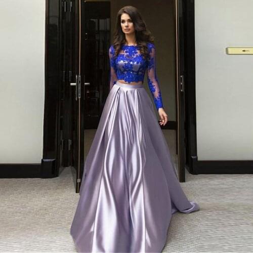 Chic Satin Jewel Neckline A-Line Two-piece Prom Dress With Lace Appliques Long Sleeves Evening Dress robe de bal longue
