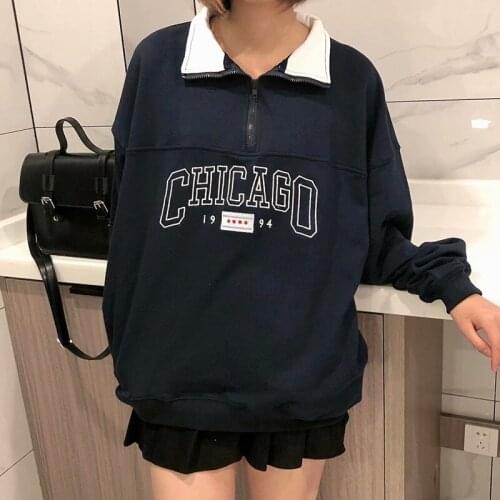 Dark Blue Polo Collar Letter Print Zip Up Oversized Sweatshirt Women Thin Loose Vintage Brand Fashion Pullovers Teens Streetwear
