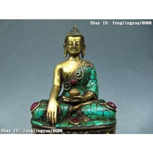 Tibet Fane Bronze Copper Gild inlay turquoise coral gem Sakyamuni Buddha Statue Discount 55