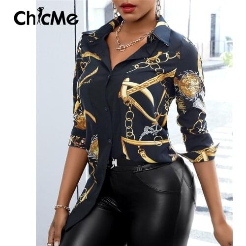 Chicme Autumn Women Chain Scarf Print Button Design Long Sleeve Shirt Casual Going Out Blouse Black Work Elegant Top Plus Size