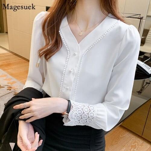 New Spring Chiffon Blouse Shirts Plus Size Loose White Shirt Tops Female Puff Sleeve V-neck Casual Office Lady Solid Tops 12726