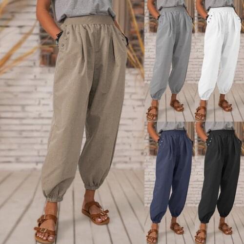 Womens Pants 2021 Solid Color Linen Pants For Women Tightness Trousers Pocket Casual Plus Size Pants Fashion Casual Pants