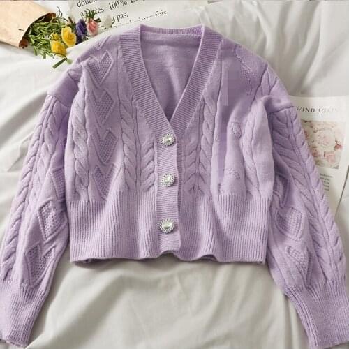 Women Knitted Sweater Korean V Neck Single Breasted Long Sleeve Solid Cardigan Autumn Casual Loose Short Jacket Outwear