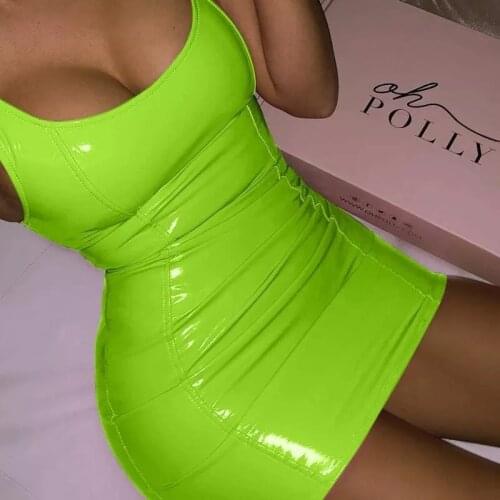 SVOKOR Sexy Pu Leather Bodycon Tank Dress Women Short Mini Low Cut Slim Dresses Package Hip Summe Party Club Dresses