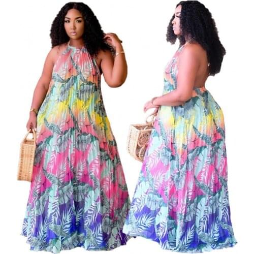 Large Size African Dress Sexy Open Back Womens Printed Loose Halter Neck Long Skirt 2021 European American New Summer Clothing