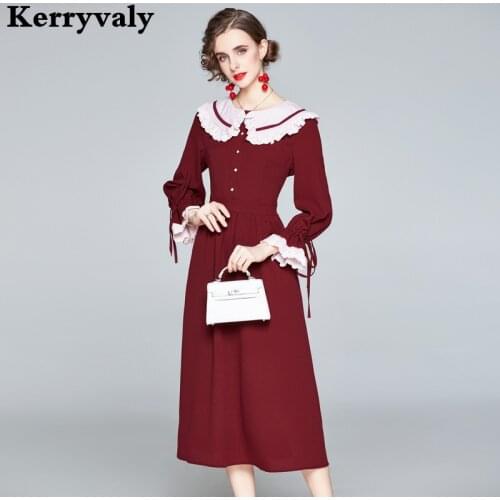 French Retro Elastic Waist Chiffon Birthday Dress for Women Flared Sleeve Big Swing Midi Party Dress Vestidos De Festa K3963