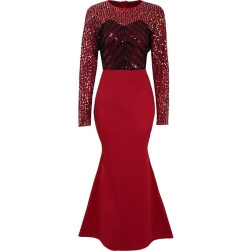 2021 Plus size fall winter red dress women sequined Long sleeve dress fashion Stitching Indian evening long dress party dress