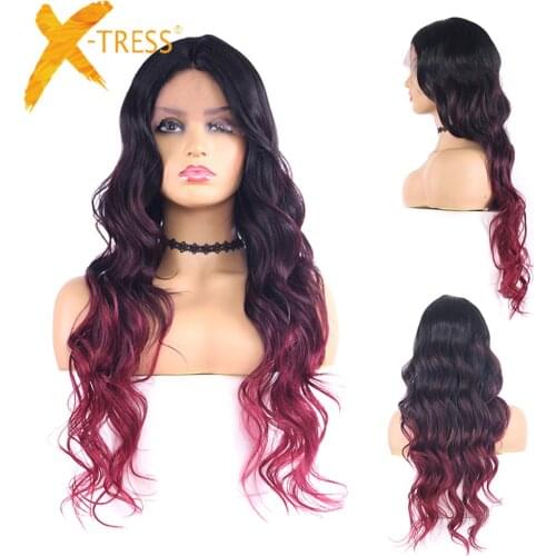 1B/99J/BURG Ombre Colored Synthetic Lace Front Wigs Long Wave Black Brown Glueless 22 Inches Hair Lace Wig For Women X-TRESS