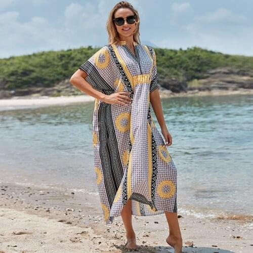 2020 Quick-drying Japanese Style Kimono Dress Bohemian V-Neck Bats Sleeve High Waist Side Split Women Beachwear Maxi Dress N927