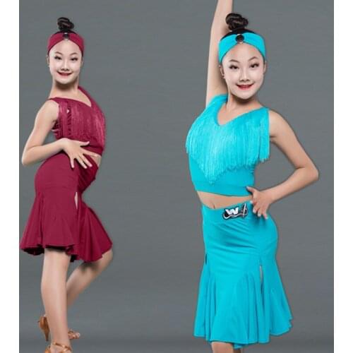 Kids Latin Dance Costume Set For Girls Dance Tops Skirts Headband Lake Blue Tassel Girls Cha Cha Rumba Tap Dance Summer Dress