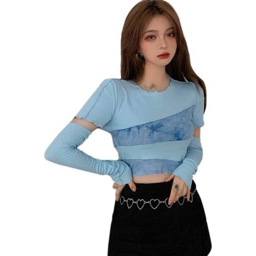 Womens Tie-Dyed O-Neck Tshirt Sexy Slim Exposed Navel Long Sleeves Tee Shirt Tops